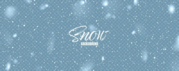 Neve caindo realista com flocos de neve. Fundo de inverno azul para cartão de Natal ou Ano Novo. Efeito de tempestade de gelo. Ilustração vetorial. — Vetor de Stock