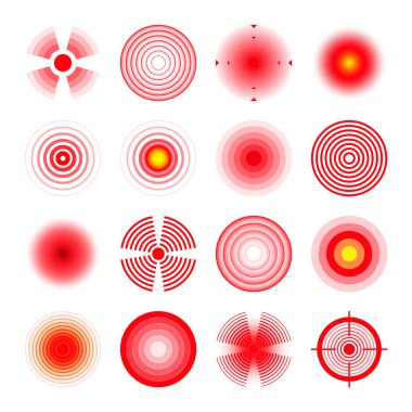 Ağrı yerelleştirme izleri. Ağrılı bölge, ağrılı nokta. Kırmızı daireler, hedefler. Baş ağrısı, çürük vücut parçaları. Sırt, boyun, kas ağrısı sembolü. Sağlık hizmeti reklamı, tıbbi bilgiler. Vektör illüstrasyonu.
