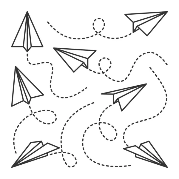 Divers avions en papier dessinés à la main. Avions doodle noirs avec ligne de route pointillée. Icône de l'avion, silhouettes monochromes simples. Schéma, art linéaire. Illustration vectorielle. — Image vectorielle