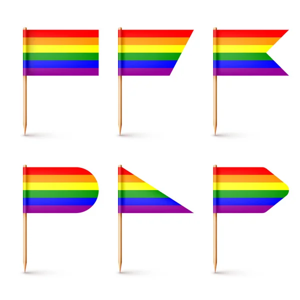 Banderas realistas de varios palillos de dientes. mondadientes de madera con bandera de papel arco iris LGBTQ. maqueta en blanco para publicidad y promociones. El mes del orgullo. Ilustración vectorial — Vector de stock