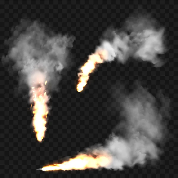 Nuages de fumée réalistes et feu. Explosion de flamme, explosion. Flux de fumée provenant de la combustion d'objets. Les feux de forêt. Effet brouillard transparent. De la vapeur blanche, du brouillard. Élément de conception vectorielle. — Image vectorielle