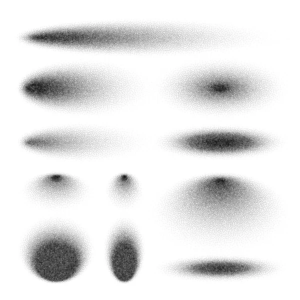 Ensemble d'ombres à pointillés, éléments de design pointillés. Gradient décroissant. Stippling, dessin de points, ombrage à l'aide de points. Désintégration des pixels, effet demi-teinte. Texture granuleuse à bruit blanc. Illustration vectorielle — Image vectorielle