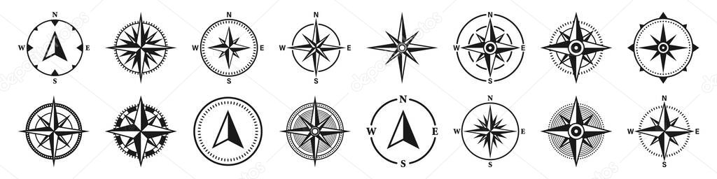 Vintage marine wind rose, nautical chart. Monochrome navigational compass with cardinal directions of North, East, South, West. Geographical position, cartography and navigation. Vector illustration.