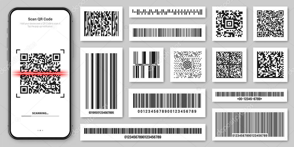Product barcodes and QR codes. Smartphone application, scanner app. Identification tracking code. Serial number, product ID with digital information. Store, supermarket scan labels, vector price tag.