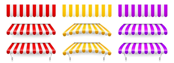 Colorful red, yellow and violet shop sunshade with metal mount. Realistic striped cafe awning. Outdoor market tent. Roof canopy. Summer street store. Vector illustration. — стоковый вектор