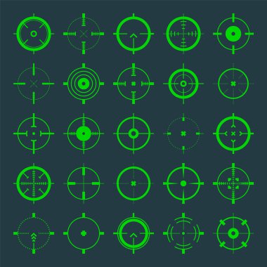 Crosshair, silah görüş vektör simgeleri. Tam isabet, yeşil hedef ya da nişan sembolü. Askeri tüfek dürbünü, işaret fişeği. Nişan alıyorum, nişan alıyorum. Okçuluk, avcılık ve spor atıcılığı. Oyun UI ögesi.