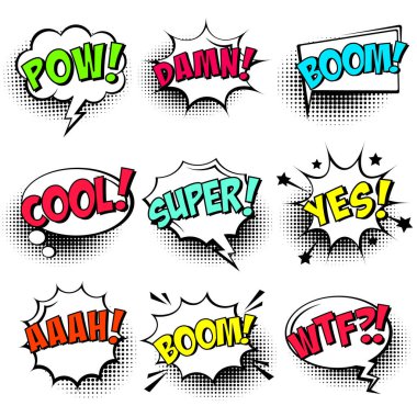 Yarım ton gölgeli komik konuşma balonları ve beyaz arkaplanda izole edilmiş renkli metinler. El çizimi eski çizgi film çıkartmaları. Pop sanat tarzı. Vektör illüstrasyonu.