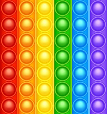 Renkli silikon anti-stres oyuncak dokusu, desen. Çocuklar için moda bir duyusal oyun. Gökkuşağı, parlak renkli patlamış baloncuklu hareketli oyuncağı itin. Vektör illüstrasyonu