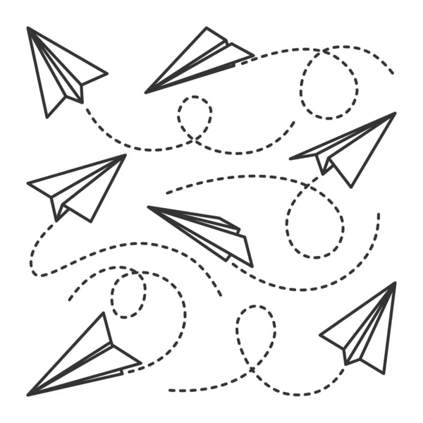 Verschiedene handgezeichnete Papierflieger. Schwarze Doodle-Flugzeuge mit gepunkteter Linienführung. Flugzeug-Ikone, einfache monochrome Flugzeug-Silhouetten. Gliederung, Linienkunst. Vektorillustration. — Stockvektor