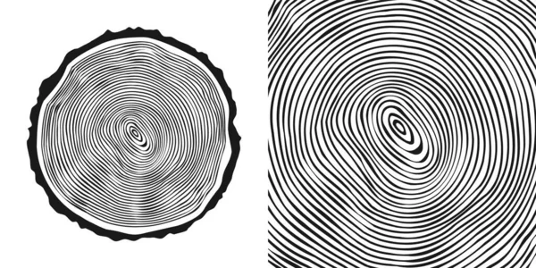 둥근 나무줄기를 자르거나, 톱질 한 소나무나 오크 조각을 자른다. 벌목 된 목재와 나무를 봤어. 나무 고리가 달린 목재 질감. 손으로 그린 스케치. 벡터 일러스트 — 스톡 벡터