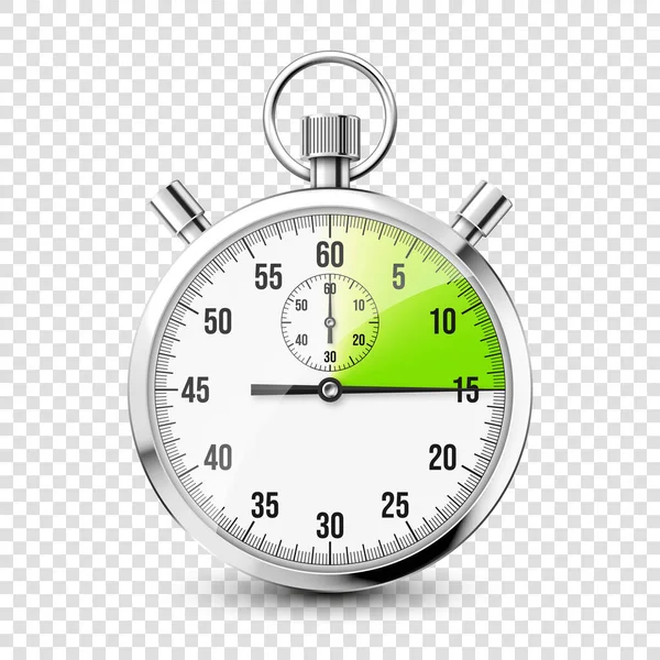 Realistyczna klasyczna ikona stopera. Błyszczący metalowy chronometr, licznik czasu z tarczą. Zielony licznik pokazuje minuty i sekundy. Pomiar czasu dla sportu, start i meta. Ilustracja wektora — Wektor stockowy
