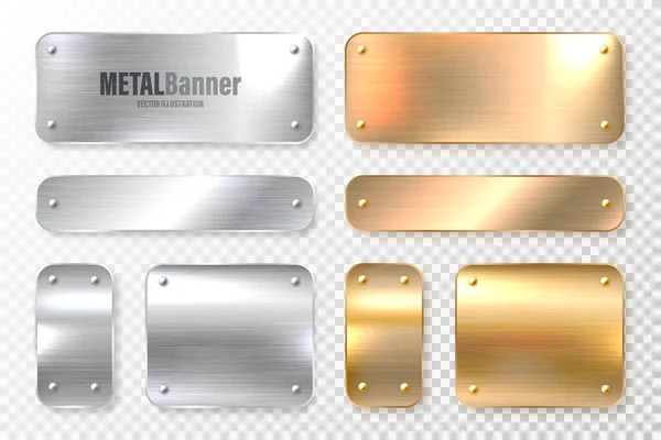 Realistische glimmende metalen spandoeken. Geborsteld staal en koperplaat. Gepolijst zilver metalen oppervlak. Vectorillustratie. — Stockvector