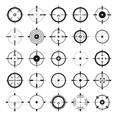 Crosshair, silah görüş vektör simgeleri. Tam isabet, siyah hedef ya da nişan sembolü. Askeri tüfek dürbünü, işaret fişeği. Nişan alıyorum, nişan alıyorum. Okçuluk, avcılık ve spor atıcılığı. Oyun UI ögesi.