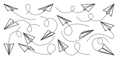 Çeşitli el yapımı kağıt uçaklar. Noktalı çizgili siyah karalama uçakları. Uçak ikonu, basit monokrom düzlem siluetleri. Taslak, çizgi sanatı. Vektör illüstrasyonu.