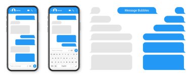 Mesajlaşma uygulaması olan gerçekçi bir akıllı telefon. Boş SMS metin çerçevesi. Mavi mesaj baloncuklarıyla sohbet ekranı. Sosyal medya uygulaması. Vektör illüstrasyonu.