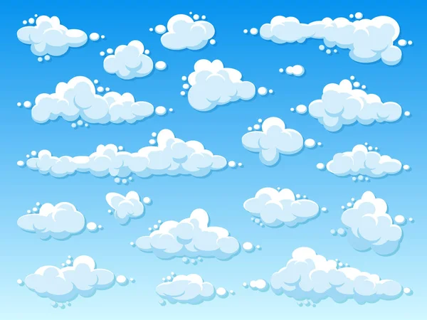 Différents nuages ronds avec ombre sur fond dégradé bleu. Panorama du ciel d'été. Simple nuage de dessin animé. Design plat. Illustration vectorielle. — Image vectorielle