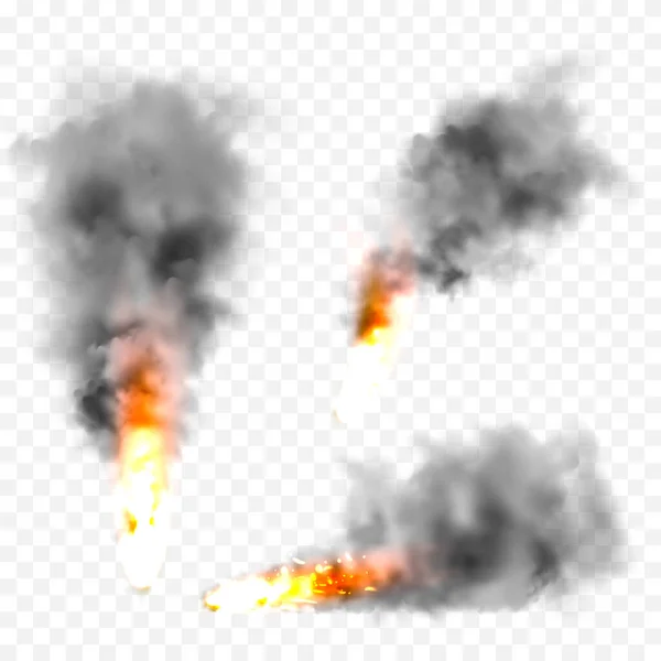 Realistic black smoke clouds and fire. Flame blast, explosion. Stream of smoke from burning objects. Forest fires. Transparent fog effect. Vector design element. — Stock Vector