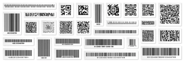 Σύνολο γραμμωτών κωδικών προϊόντων και κωδικών QR. Αναγνωριστικός κωδικός. Αύξων αριθμός, ταυτότητα προϊόντος με ψηφιακές πληροφορίες. Κατάστημα ή σούπερ μάρκετ σάρωση ετικέτες, τιμή. Εικονογράφηση διανύσματος. — Διανυσματικό Αρχείο