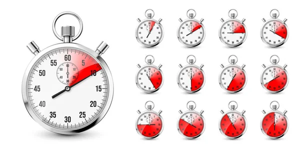 Realistische klassische Stoppuhren-Ikonen. Glänzendes Metall Chronometer, Zeitzähler mit Zifferblatt. Roter Countdown-Timer mit Minuten und Sekunden. Zeitmessung für Sport, Start und Ziel. Vektorillustration — Stockvektor