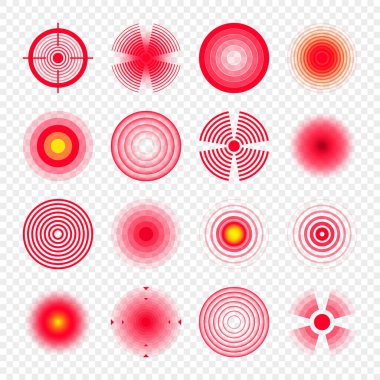 Ağrı yerelleştirme izleri. Ağrılı bölge, ağrılı nokta. Kırmızı daireler, hedefler. Baş ağrısı, çürük vücut parçaları. Sırt, boyun, kas ağrısı sembolü. Sağlık hizmeti reklamı, tıbbi bilgiler. Vektör illüstrasyonu.