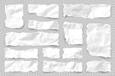 Şeffaf arkaplanda yırtılmış kağıt şeritleri. Yırtık kenarlı gerçekçi kağıt kırıntıları. Defter sayfalarının parçaları. Vektör illüstrasyonu.
