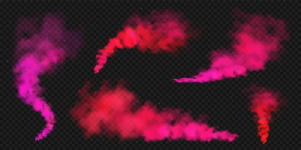 Nuages de fumée colorés rouges réalistes, effet brouillard. Brouillard coloré sur fond sombre. Vapeur dans l'air, flux de vapeur. Illustration vectorielle. — Image vectorielle