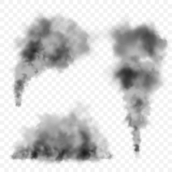 Nubes de humo negro realistas. Corriente de humo de objetos en llamas. Efecto niebla transparente. Elemento de diseño vectorial. — Archivo Imágenes Vectoriales