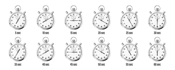 Realistische klassische Stoppuhren-Ikonen. Glänzendes Metall Chronometer, Zeitzähler mit Zifferblatt. Countdown-Timer zeigt Minuten und Sekunden an. Zeitmessung für Sport, Start und Ziel. Vektorillustration — Stockvektor