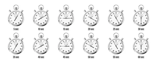 Ícones de cronômetro clássico realista. Cronômetro de metal brilhante, contador de tempo com discagem. Temporizador de contagem regressiva mostrando minutos e segundos. Medição de tempo para esporte, início e fim. Ilustração vetorial — Vetor de Stock