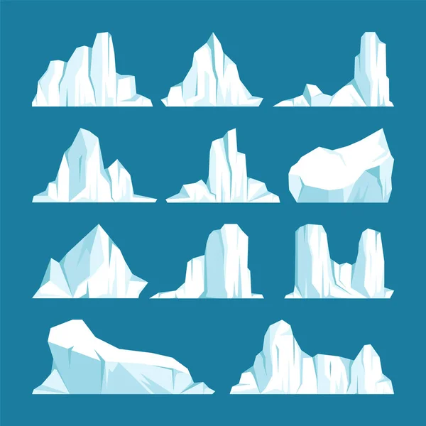 Плавающая коллекция айсбергов. Дрейфующий арктический ледник, блок замерзшей морской воды. Ледяные горы со снегом. Тающий ледяной пик. Антарктический снежный пейзаж. Южный и Северный полюс. Векторная иллюстрация. — стоковый вектор