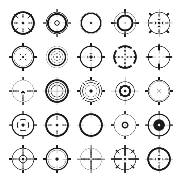 Crosshair, silah görüş vektör simgeleri. Tam isabet, siyah hedef ya da nişan sembolü. Askeri tüfek dürbünü, işaret fişeği. Nişan alıyorum, nişan alıyorum. Okçuluk, avcılık ve spor atıcılığı. Oyun UI ögesi.
