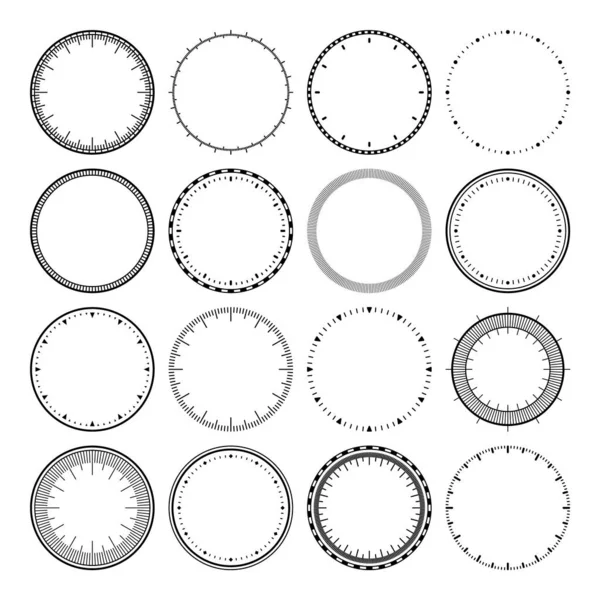 Quadri meccanici dell'orologio, lunetta. Orologio quadrante con minuti e ore. Timer o cronometro. Scala circolare di misura vuota con divisioni. Illustrazione vettoriale. — Vettoriale Stock