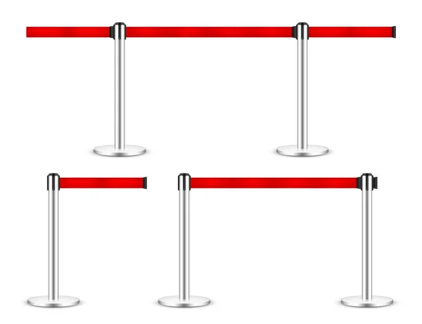 Estanquião de cinto retrátil vetorial realista. Postos de barreira de controle de multidão com alça de cautela. Linhas de fila. Fronteira de restrição e fita de perigo. — Vetor de Stock