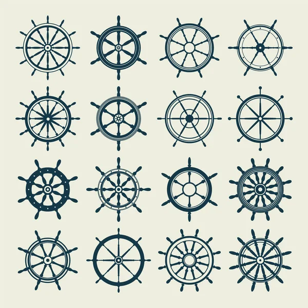 Collectie van vintage stuurwielen. Schip, jacht retro wiel symbool. Nautisch roer icoon. Marine ontwerp element. Vectorillustratie — Stockvector