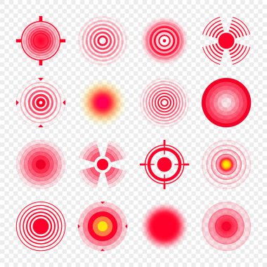 Ağrı yerelleştirme izleri. Ağrılı bölge, ağrılı nokta. Kırmızı daireler, hedefler. Baş ağrısı, çürük vücut parçaları. Sırt, boyun, kas ağrısı sembolü. Sağlık hizmeti reklamı, tıbbi bilgiler. Vektör illüstrasyonu.