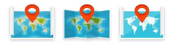 뒤섞인 세계 지도는 평평 한 형태로 되어 있다. 빨간 위치핀 이 있는 단순 종이 지도. 항행, 루트, 도로 여행 계획. 여행 과 숙박이요. 벡터 일러스트. — 스톡 벡터
