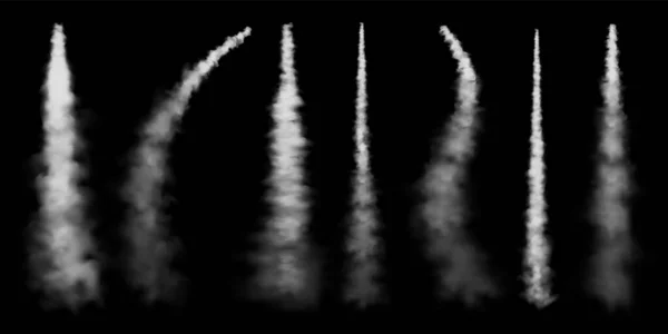 Huellas realistas de condensación de aviones. Lanzamiento de cohetes espaciales. Misil o rastro de bala. Aviones a reacción. Nubes blancas de humo, niebla. Flujo de vapor. Ilustración vectorial. — Archivo Imágenes Vectoriales