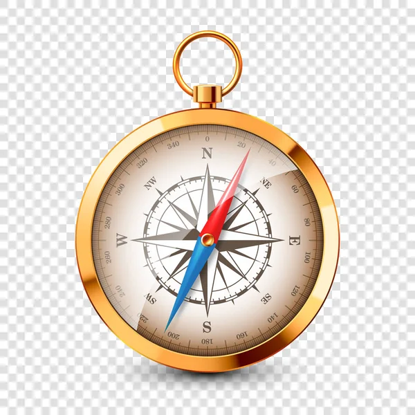 Realistický zlatý retro kompas s mořskou větrnou růžicí a kardinálními směry severu, východu, jihu a západu. Lesklý kovový navigační kompas. Kartografie a navigace. Vektorová ilustrace. — Stockový vektor