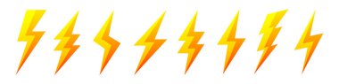 Beyaz arka planda izole edilmiş sarı yıldırım simgeleri. Flaş sembolü, yıldırım. Basit yıldırım çarpması işareti. Vektör illüstrasyonu.