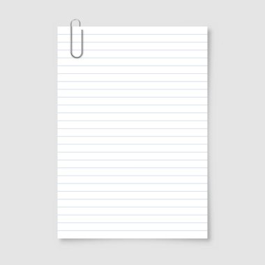 A4 formatında, metal klipsli, gri arka planda tutucusu olan gerçekçi, boş kağıt levha. Defter sayfası, belge. Tasarım şablonu veya maketi. Vektör illüstrasyonu.