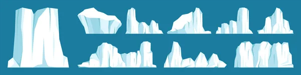 Collezione di iceberg galleggianti. Ghiacciaio artico alla deriva, blocco di acqua ghiacciata dell'oceano. Montagne ghiacciate con neve. Ghiaccio che si scioglie. Paesaggio innevato antartico. Polo Sud e Polo Nord. Illustrazione vettoriale. — Vettoriale Stock