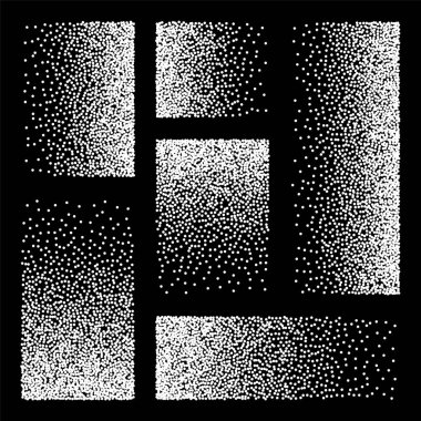 Noktalı desen, noktalı dikdörtgen tasarım elementleri. Noktalama, noktalama çizimi, noktalar kullanarak gölgeleme. Piksel ayrışması, rastgele yarım ton etkisi. Beyaz gürültü tanecikli doku. Vektör illüstrasyonu
