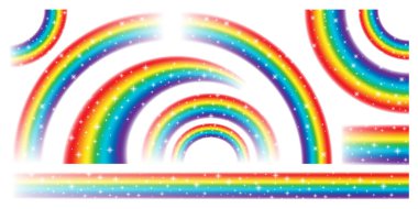 Beyaz arka planda izole edilmiş renkli gerçekçi gökkuşağı koleksiyonu. Parıltılı efektli parlak yıldızlar. Vektör illüstrasyonu.