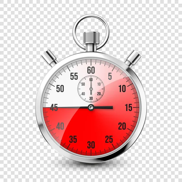 Icône classique chronomètre réaliste. Chronomètre en métal brillant, compteur de temps avec cadran. Compte à rebours rouge montrant minutes et secondes. Mesure du temps pour le sport, le début et la fin. Illustration vectorielle — Image vectorielle