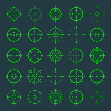 Crosshair, silah görüş vektör simgeleri. Tam isabet, yeşil hedef ya da nişan sembolü. Askeri tüfek dürbünü, işaret fişeği. Nişan alıyorum, nişan alıyorum. Okçuluk, avcılık ve spor atıcılığı. Oyun UI ögesi.