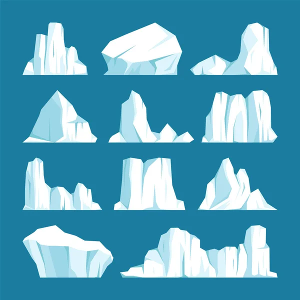 Collection d'icebergs flottants. Glacier arctique dérivant, bloc d'eau de mer gelée. Montagnes glacées avec neige. Fusion du pic de glace. Paysage enneigé antarctique. Pôle Sud et Pôle Nord. Illustration vectorielle. — Image vectorielle