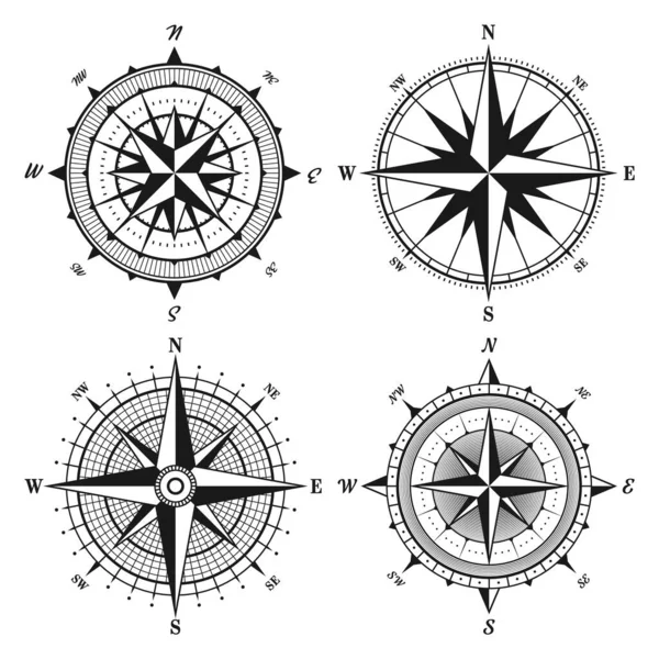 Vintage marine wind rose, nautical chart. Monochrome navigational compass with cardinal directions of North, East, South, West. Geographical position, cartography and navigation. Vector illustration. — Stock Vector