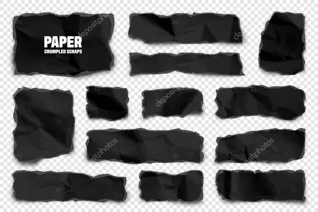 Black ripped paper strips. Realistic crumpled paper scraps with torn edges. Shreds of notebook pages. Vector illustration