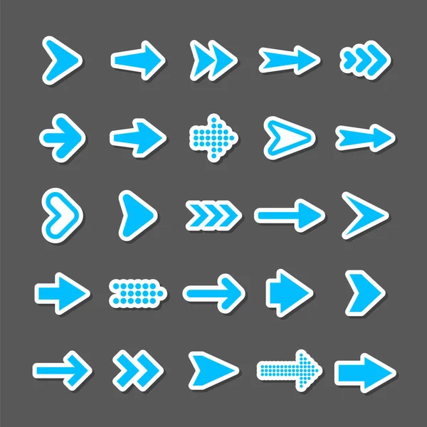 Colorful arrow stickers set. Blue cursor icons, pointers collection. Simple arrows in different shapes. Next, back web signs. Vector illustration. — Stock Vector