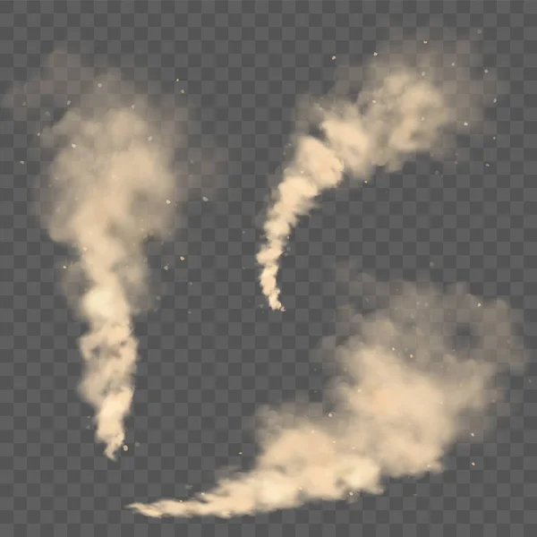 Realistické mraky prachu. Silniční písečná bouře. Znečištěný špinavý hnědý vzduch s částicemi špíny, smog. Znečištění ovzduší, životního prostředí. Prvek návrhu vektoru. — Stockový vektor